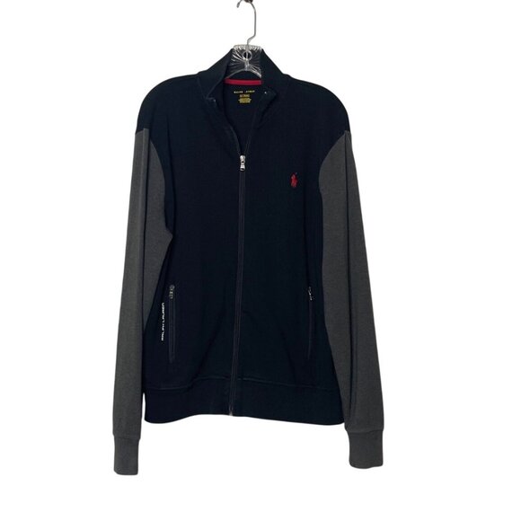 Ralph Lauren Jacket Men's M Full-Zip Black with Gray Sleeves Cotton Red Logo - Picture 7 of 7